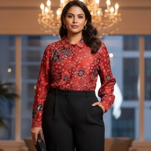 Chico's Silk Beaded Sequin Floral Blouse Shirt Red Size 3 XL Anniversary Collec - Picture 1 of 9